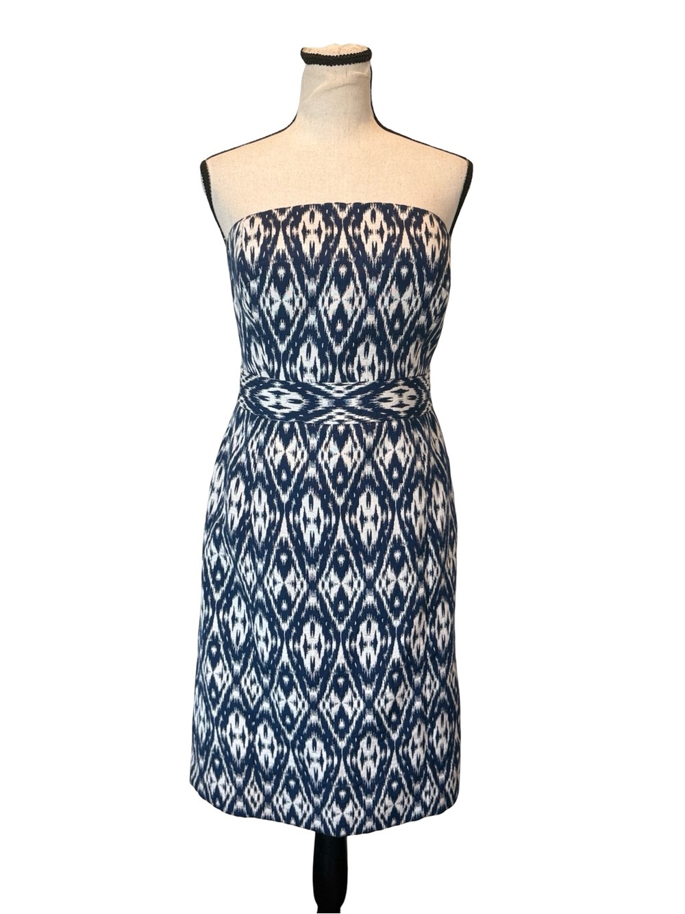 Strapless Navy and White Ikat Sheath Dress